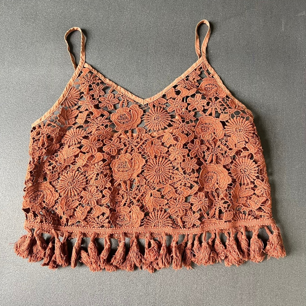 Terracotta Rust Floral Crochet Lace Tassel Fringe Boho Cami Crop Top S Festival